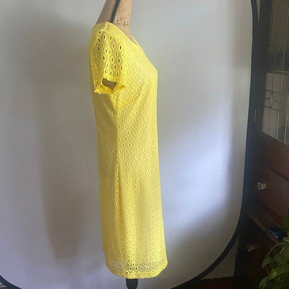 Y2K Vintage Bisou Bisou Yellow Lace Sheath Dress L 14 Crochet Overlay Boho Glam - Picture 5 of 17